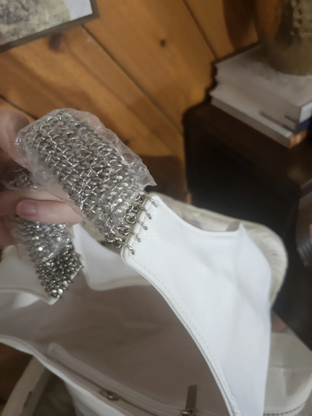 White Minimalist Hobo Handbag Chainlink Style Handle Detail